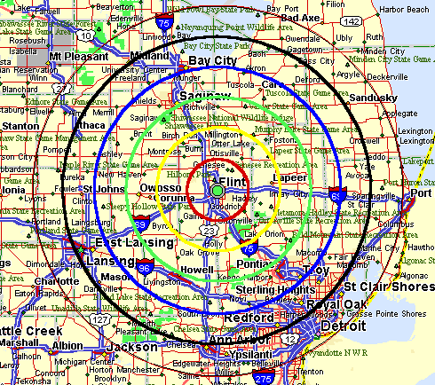 A map showing my service call zones centered near downtown Flint Michigan.